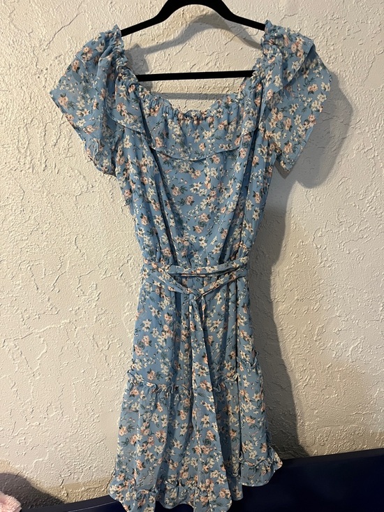 BeBop Dresses & Skirts - BeBop Boutique Light Blue Floral Spring Ruffle Tie-Waist Mini Dress